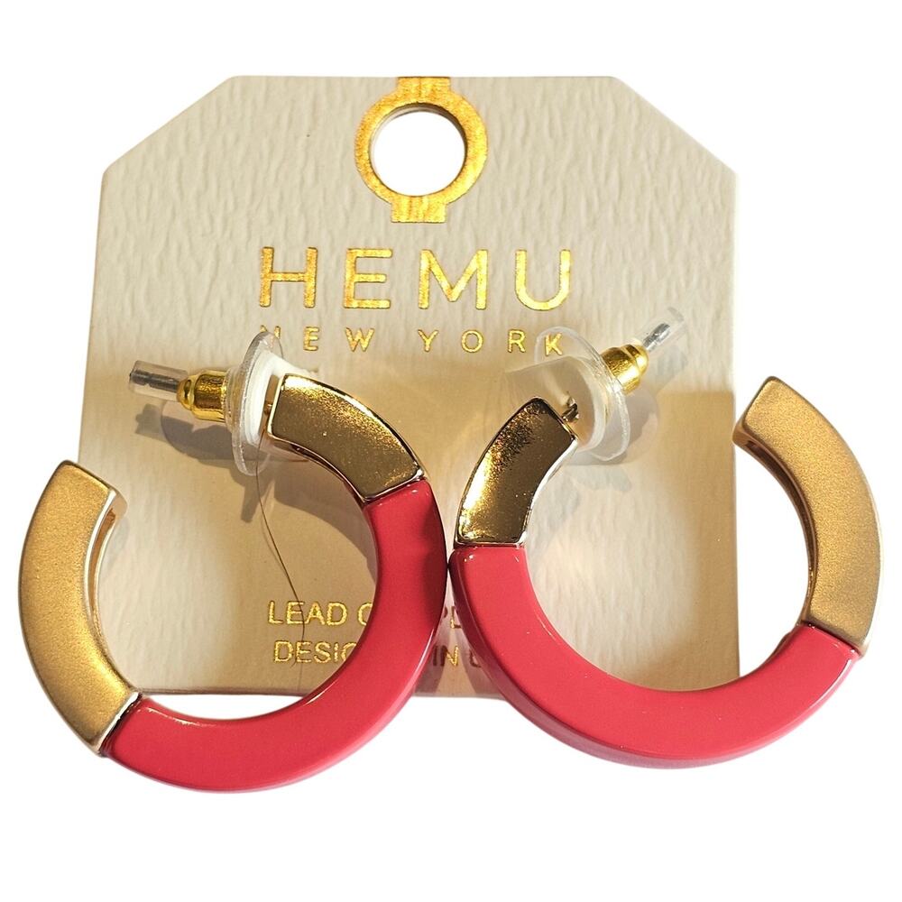 Hoop Earrings Pink, Gold Tone Chunky Acrylic 1.19" HEMU New York w/ Gift Bag